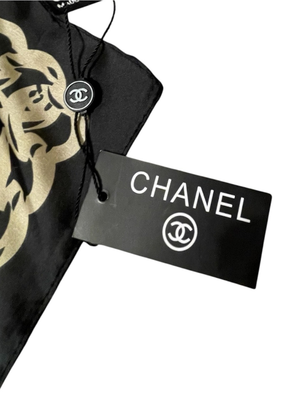 New Authentic CHANEL 100% Silk Scarf Black And Gold Logo With Tag Rare - Picture 6 of 7